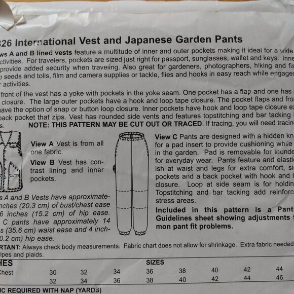 Vintage Vest and Japanese Garden Pants Sewing Pattern Pockets Men's Women's - Picture 6 of 8